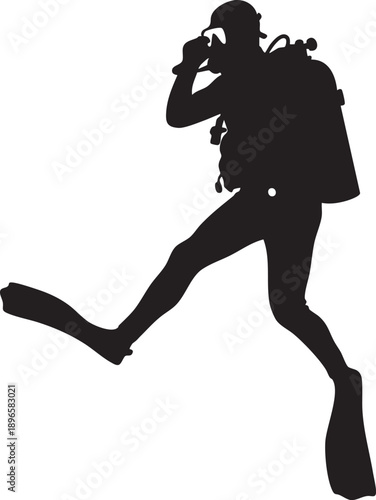 Silhouette of scuba diver in motion with diving gear, bold black and white design for underwater exploration