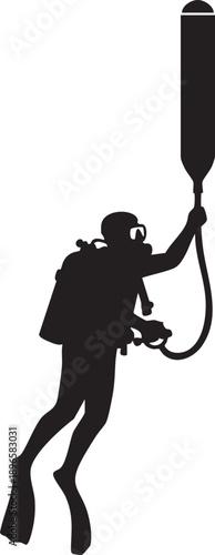 Silhouette of scuba diver holding oxygen tank in dynamic pose, minimalist black design with bold contrast