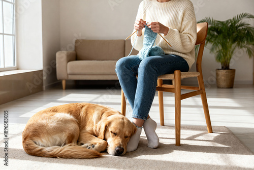 Golden retriever sleeping peacefully at woman's feet while she knits in cozy sunlit living room.