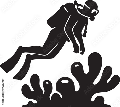 Scuba diver silhouette swimming over coral reef, minimalist monochrome design with bold black and white contrast