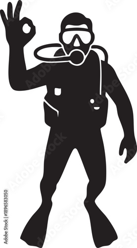 Scuba diver silhouette giving okay sign gesture in diving gear with regulator and flippers, minimalist black and white design