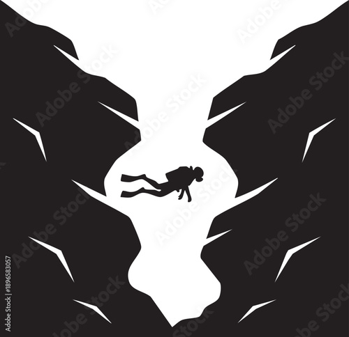 Silhouette of scuba diver exploring underwater cave opening, minimalist black and white design with dramatic contrast