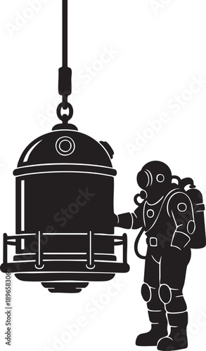 Deep-sea diver in full gear inspecting diving bell suspended by cable, dramatic underwater scene in silhouette style