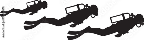 Silhouettes of scuba divers swimming underwater in minimalist black and white design, isolated on white background