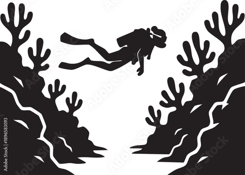 Scuba diver exploring underwater reef with coral and sea life, minimalist silhouette design in bold black-and-white