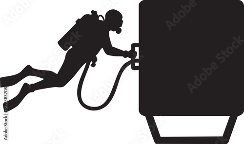 Scuba diver silhouette filling air tank with hose, minimalist black and white design, isolated on white background