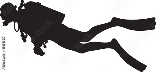 Scuba diver silhouette in underwater swimming pose, minimalist black design for adventure and exploration themes