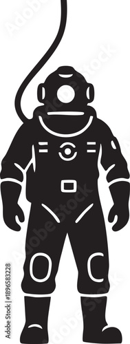 Vintage deep-sea diver in full diving suit with helmet and air hose, bold black-and-white silhouette design