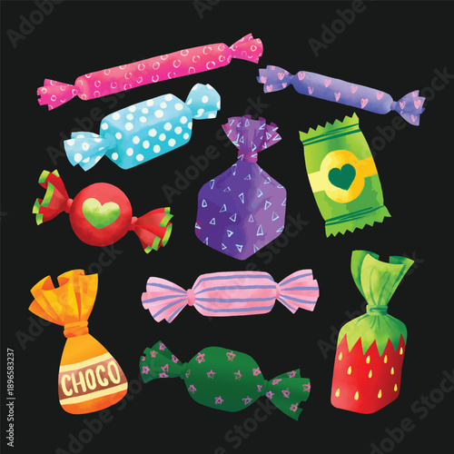 A vibrant collection of hand-painted watercolor candies and sweets in various patterns on a black background.