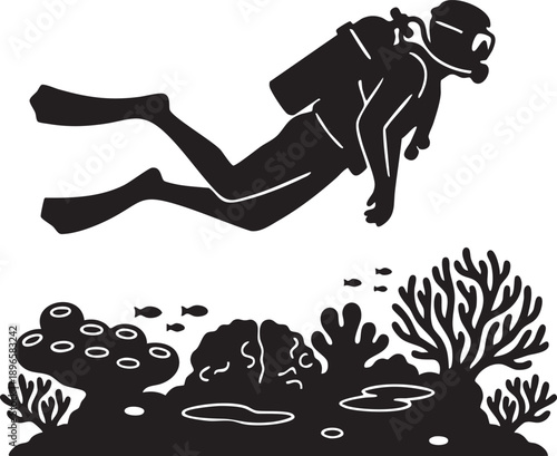 Scuba diver exploring vibrant underwater scene with coral reef and tropical fish, minimalist black-and-white design
