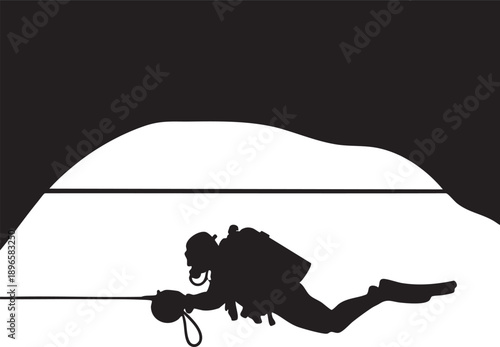 Silhouette of a scuba diver exploring underwater cave with rope and equipment, minimalist design with high contrast