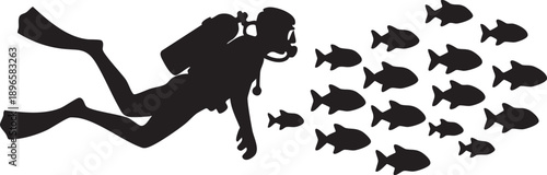Scuba diver exploring underwater with school of fish, minimalist silhouette style in black and white design