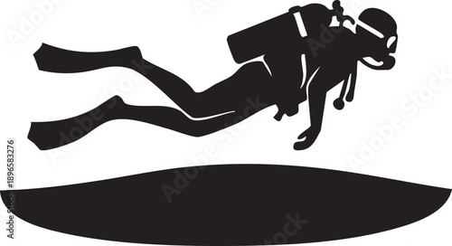 Scuba diver silhouette swimming above ocean floor, minimalist black and white vector design with clean lines