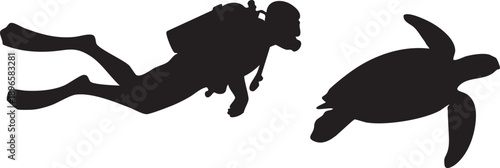 Scuba diver swimming alongside sea turtle in ocean, minimalist silhouette style with clean, modern design