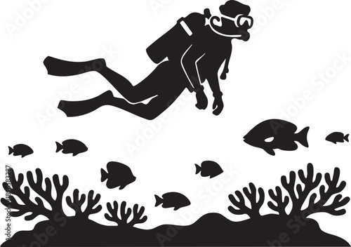 Scuba diver exploring underwater reef with tropical fish, minimalist black silhouette style on white background