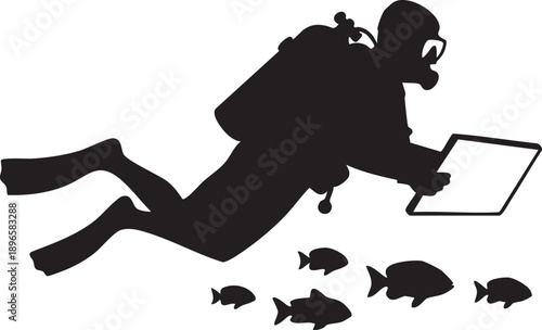 Scuba diver holding laptop underwater with school of tropical fish, minimalist silhouette design in monochromatic style