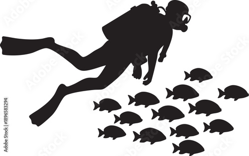 Scuba diver silhouette swimming with school of tropical fish, minimalist underwater scene in black and white