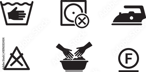 Garment care icons, laundry symbols, clothing care signs, washing instructions, ironing and drying icons, textile maintenance symbols, minimal black icons, apparel care illustrations