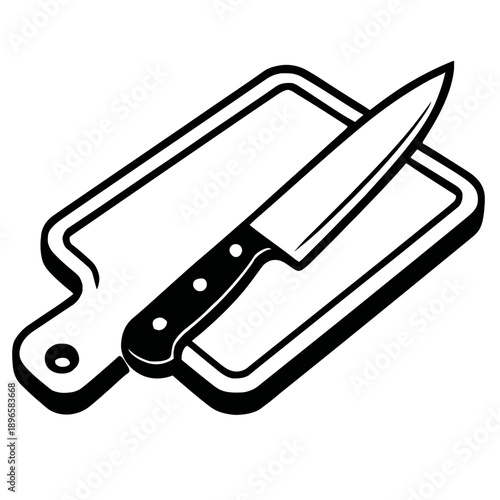 Cutting Board and Knife Vector Icon - Wooden or Plastic Chopping Block with Stainless Steel Chef Knife for Meal Preparation, Culinary Cooking, and Kitchen Utensil Graphic Design.