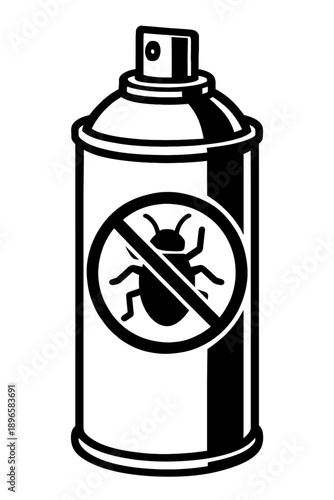 Black and White Vector Illustration of a Bug Spray Aerosol Can with Prohibited Insect Symbol for Pest Control, Hygiene, and Home Protection Design