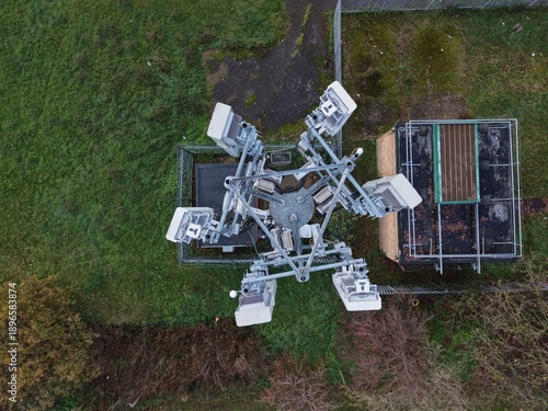 Foto Telecommunication tower equipment aerial view