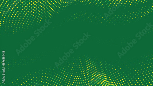 Green and yellow halftone dotted wave pattern on deep green background, abstract organic motion texture for eco branding, modern posters, digital layouts and creative design