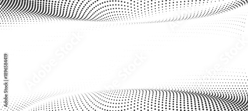 Minimal black halftone dotted wave landscape with smooth flowing curvature on white background, abstract modern texture for clean branding, digital layouts, posters and design