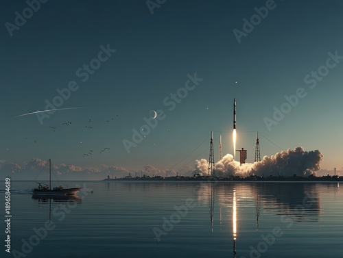 Futuristic rocket launch tower with powerful rocket ascending du daytime over calm ocean with clouds and clear sky in the background