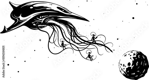 Sumi-e Depiction of Extraterrestrial Resource Gathering in Deep
