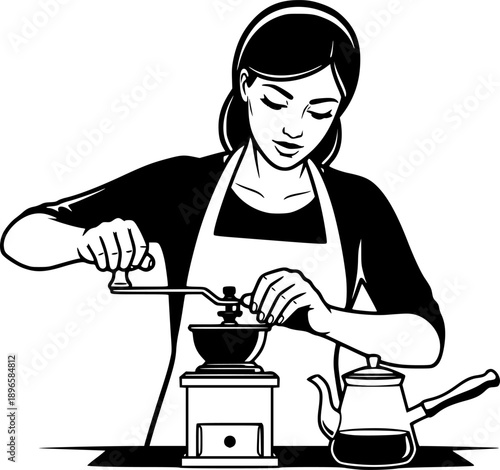 Woman preparing traditional coffee with a hand-crank mill in min
