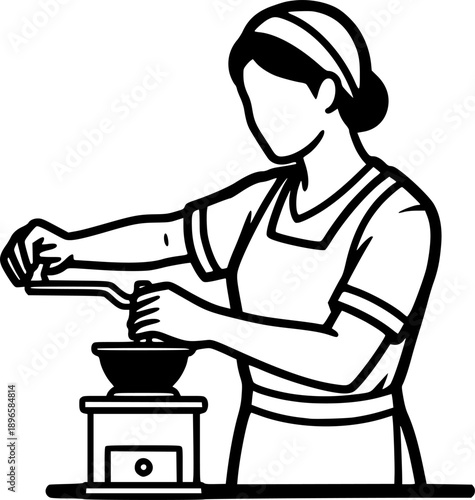 Woman preparing traditional coffee with a hand-crank mill in min
