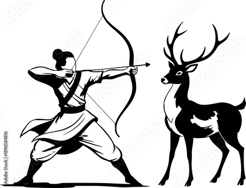 Elegant depiction of an archer and deer in black ink wash painti
