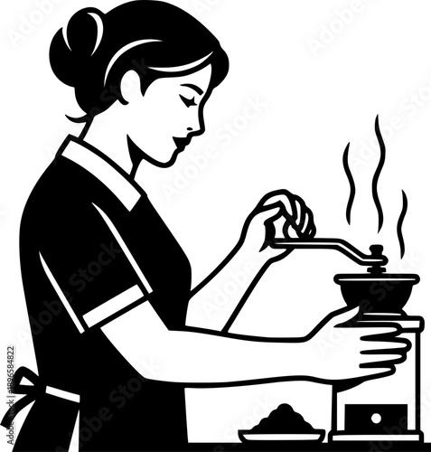 Woman preparing traditional coffee with a hand-crank mill in min
