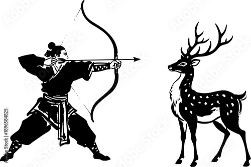 Elegant depiction of an archer and deer in black ink wash painti
