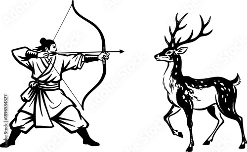 Elegant depiction of an archer and deer in black ink wash painti
