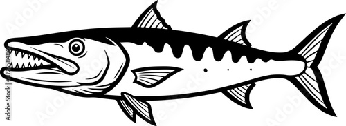 Stylized Barracuda Illustration: Minimalist Ink Drawing of a Pre
