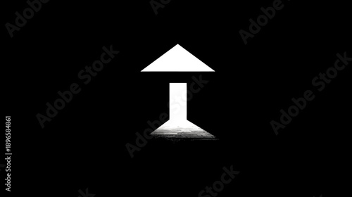 A white arrow pointing up over a white rectangle and a gray shadowed flare shape