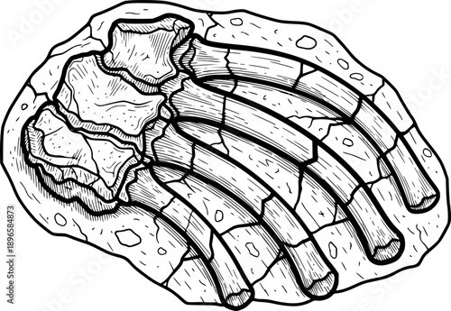 Detailed engraving illustration of an ancient fossilized ribcage
