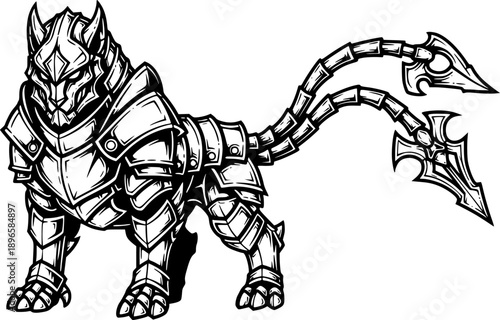 Engraved Armored Guardian Beast with Unique Tail Design Detailed
