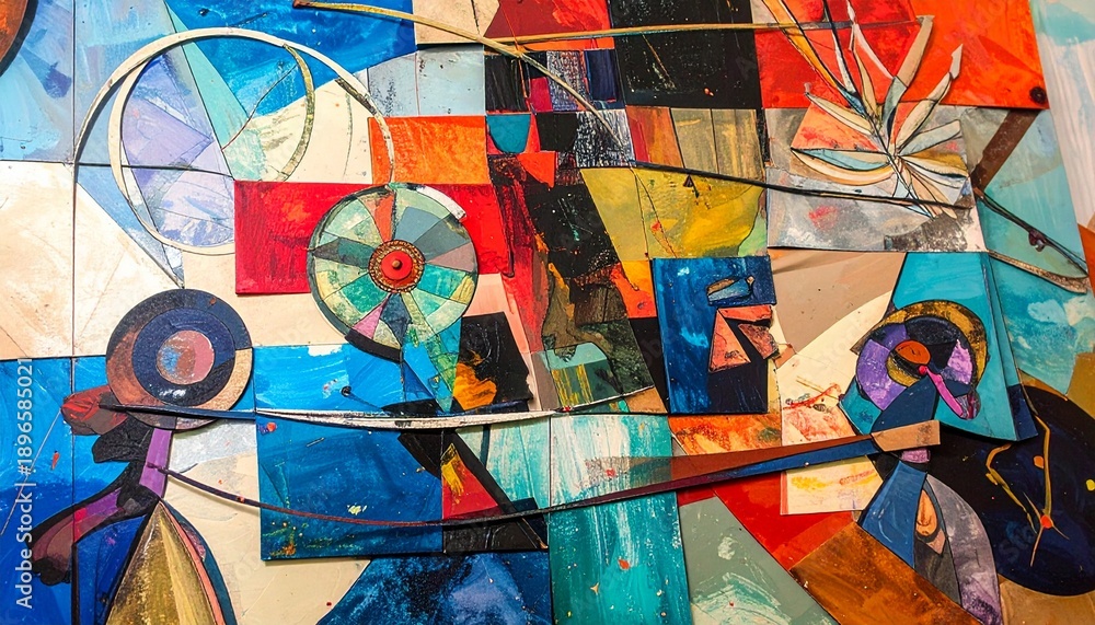 Fototapeta premium Vibrant mixed-media abstract collage featuring geometric shapes, textures, and artist pencils. Creative, layered composition. Perfect for interior art, gallery displays, and artistic backgrounds.
