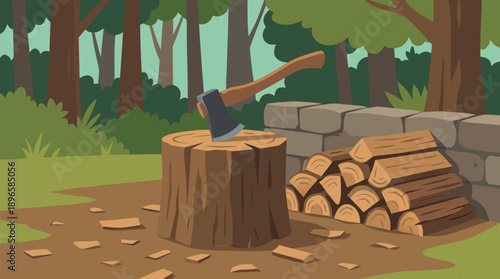 Axe embedded in a chopping block with firewood stacked nearby in a forest setting.