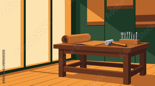 Ayurvedic massage room with wooden table and tools.