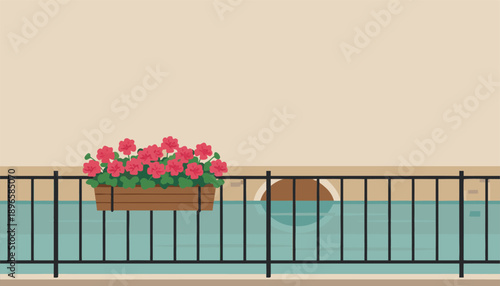 Balcony with a flower box filled with red geraniums overlooking a serene blue pool.
