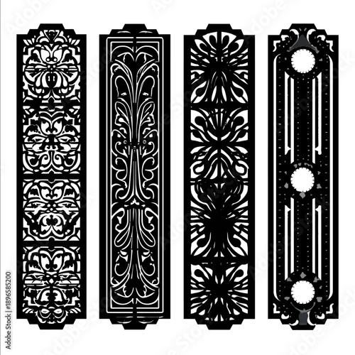 a vector image pure black and white of a bookmark design for a laser cutter with no islands all sections joined by bridges art nouveau border which is also sca