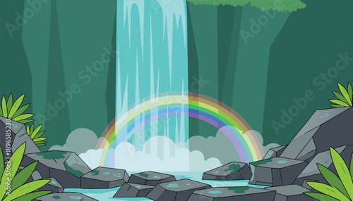 Beautiful Waterfall with Rainbow in Lush Green Forest Landscape.