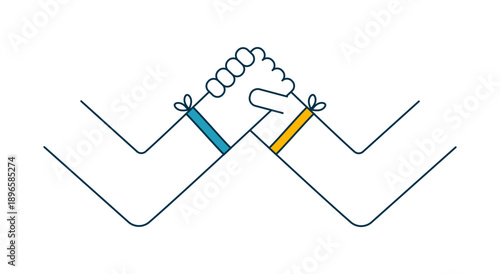 Two hands clasped in wrestling handshake, isolated on transparent. Line vector illustration, editable stroke. Friendship day design element, clip art. Friends, teamwork, partnership, community concept