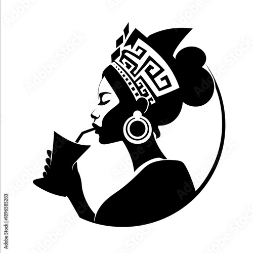 profile of thai girl face in inca crown with huge earring in ear drinking from big glass geometric minimalistic vector icon black and white vector logo