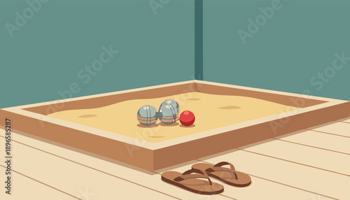 Bocce ball court with sand and flip-flops.