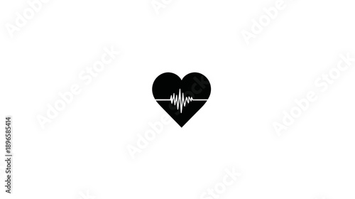 A simple, black heart shape with a white heartbeat graphic in the center, on a white backdrop