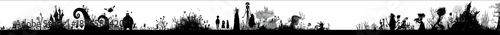 a silhouette image of a tim burtons characters setting with some monsters spirales and stranges houses a black on white frieze with a very elongated format.jp